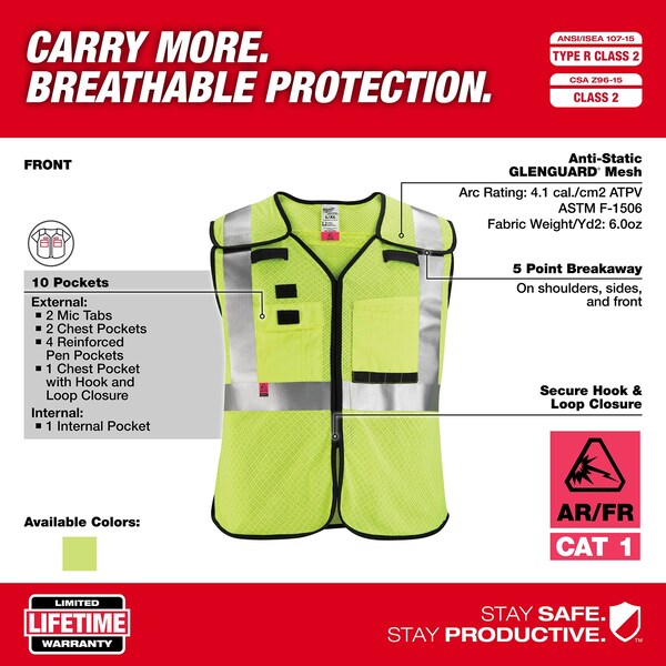 Arc-Rated/Flame-Resistant Cat 1 Class 2 Breakaway High Visibility Yellow Mesh Safety Vest - 4X-Large/5X-Large