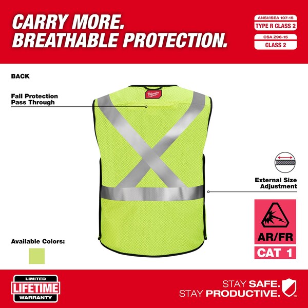 Arc-Rated/Flame-Resistant Cat 1 Class 2 Breakaway High Visibility Yellow Mesh Safety Vest - 4X-Large/5X-Large