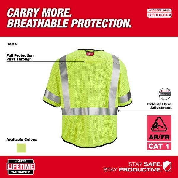 Arc-Rated/Flame-Resistant Cat 1 Class 3 High Visibility Yellow Mesh Safety Vest - Small/Medium