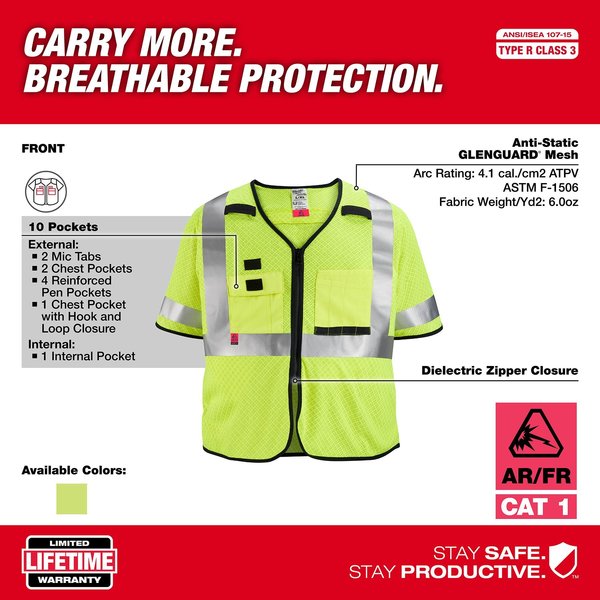 Arc-Rated/Flame-Resistant Cat 1 Class 3 High Visibility Yellow Mesh Safety Vest - 2X-Large/3X-Large