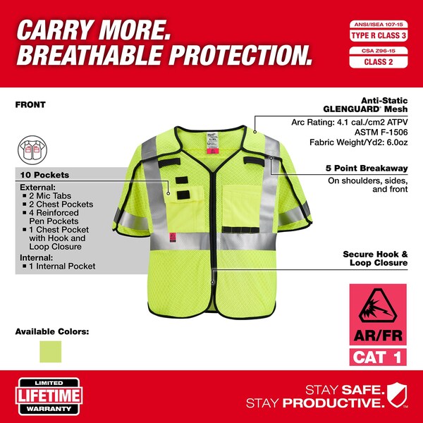 Arc-Rated/Flame-Resistant Cat 1 Class 3 ANSI and CSA Compliant Breakaway High Visibility Yellow Mesh Safety Vest - Small/Medium