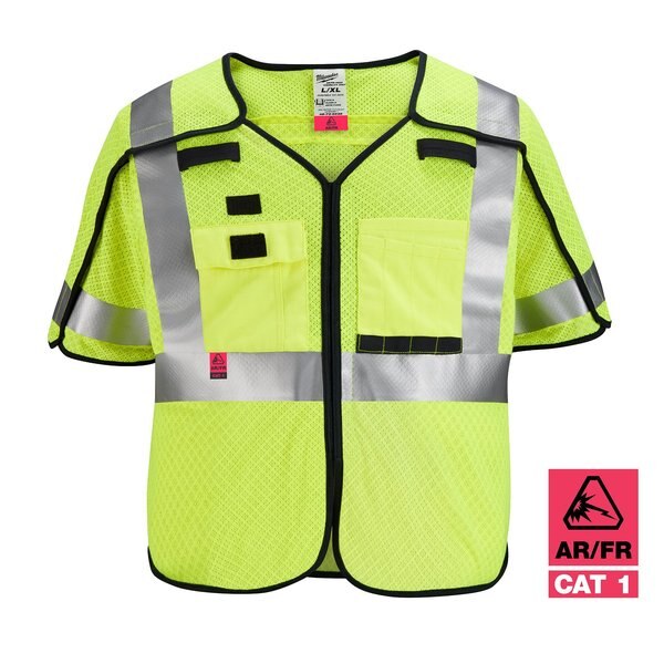 Arc-Rated/Flame-Resistant Cat 1 Class 3 ANSI and CSA Compliant Breakaway High Visibility Yellow Mesh Safety Vest - 2X-Large/3X-Large