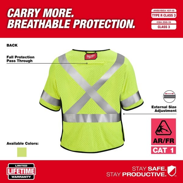 Arc-Rated/Flame-Resistant Cat 1 Class 3 ANSI and CSA Compliant Breakaway High Visibility Yellow Mesh Safety Vest - 2X-Large/3X-Large