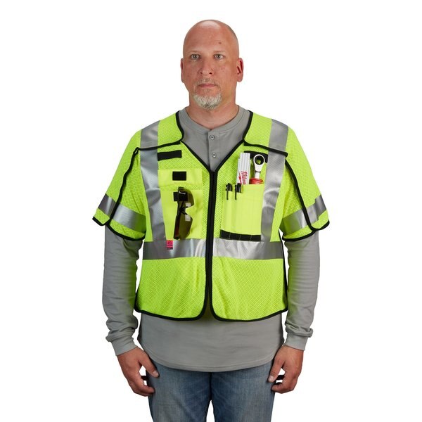 Arc-Rated/Flame-Resistant Cat 1 Class 3 ANSI and CSA Compliant Breakaway High Visibility Yellow Mesh Safety Vest - 2X-Large/3X-Large
