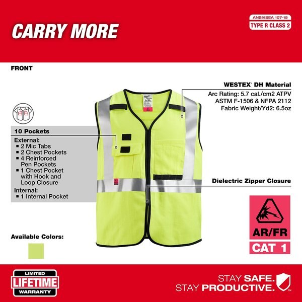 Arc-Rated/Flame-Resistant Cat 1 Class 2 High Visibility Yellow Safety Vest - Small/Medium