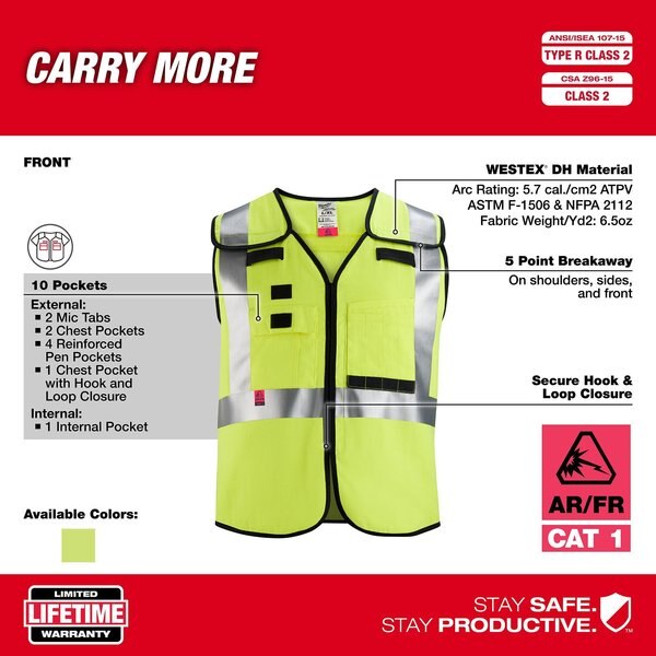 Arc-Rated/Flame-Resistant Cat 1 Class 2 Breakaway High Visibility Yellow Safety Vest - 2X-Large/3X-Large