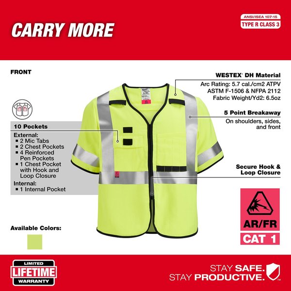Arc-Rated/Flame-Resistant Cat 1 Class 3 High Visibility Yellow Safety Vest - 2X-Large/3X-Large