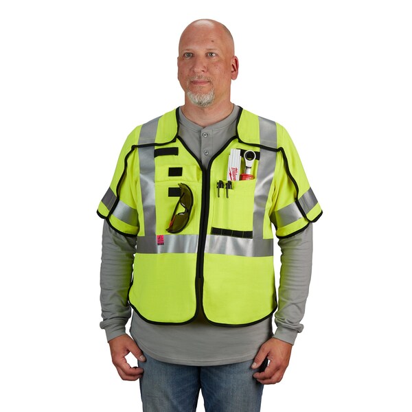Arc-Rated/Flame-Resistant Cat 1 Class 3 ANSI and CSA Compliant Breakaway High Visibility Yellow Safety Vest - Small/Medium