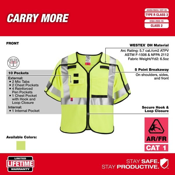 Arc-Rated/Flame-Resistant Cat 1 Class 3 ANSI and CSA Compliant Breakaway High Visibility Yellow Safety Vest - 2X-Large/3X-Large