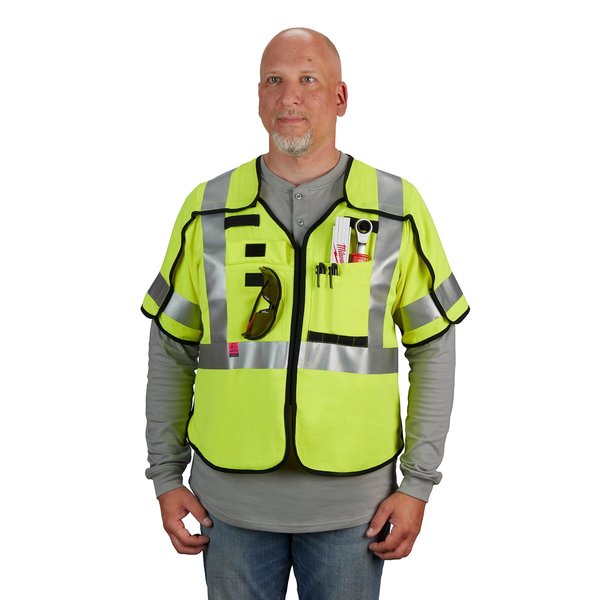 Arc-Rated/Flame-Resistant Cat 1 Class 3 ANSI and CSA Compliant Breakaway High Visibility Yellow Safety Vest - 2X-Large/3X-Large