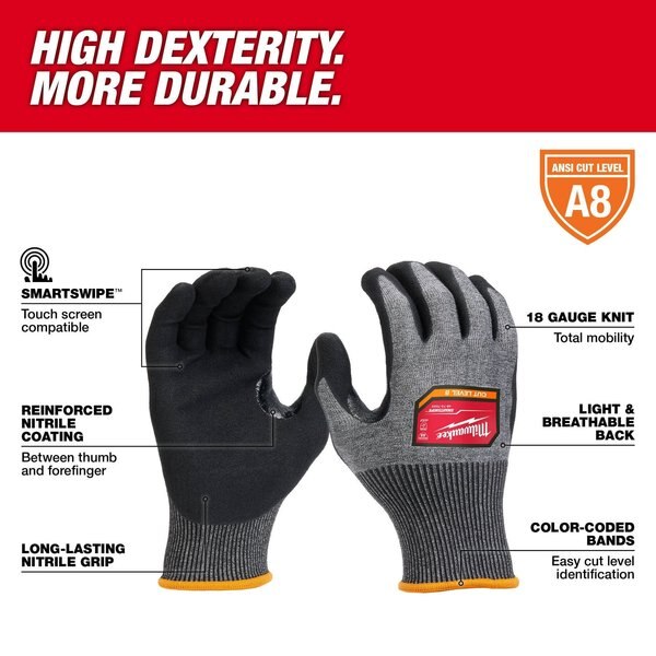 Level 8 Cut Resistant High-Dexterity Nitrile Dipped Gloves - Medium (12 pair)