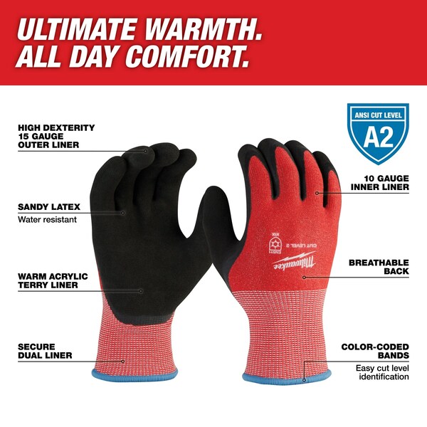 Level 2 Cut Resistant Latex Dipped Winter Insulated Gloves - Large