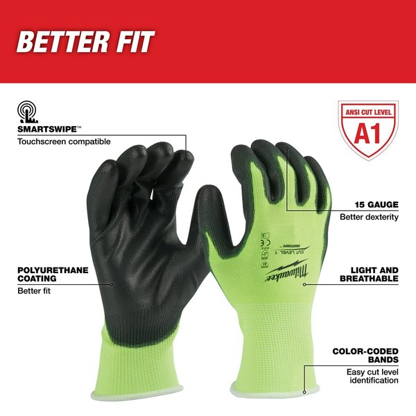 Level 1 Cut Resistant High Visibility Polyurethane Dipped Gloves - Medium (12 pair)