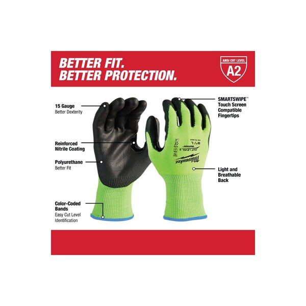 12 Pair High Visibility Cut Level 2 Polyurethane Dipped Gloves - M