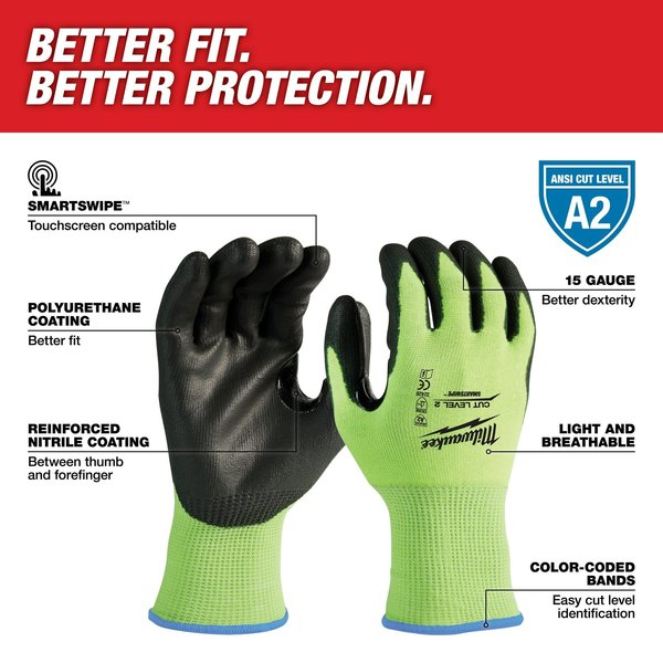 Level 2 Cut Resistant High Visibility Polyurethane Dipped Gloves - X-Large