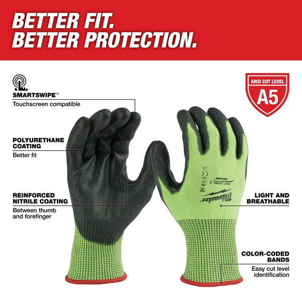 Level 5 Cut Resistant High Visibility Polyurethane Dipped Gloves - X-Large (12 pair)