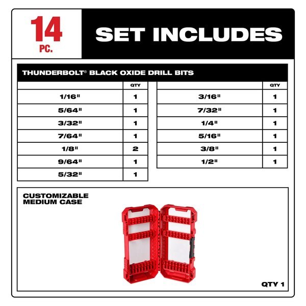 14 pc. THUNDERBOLT Black Oxide Drill Bit Set