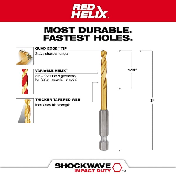 SHOCKWAVE Hex Shank Drill Bit, 3/16 in, Drill Bit Point Angle 135 Deg, High Speed Steel