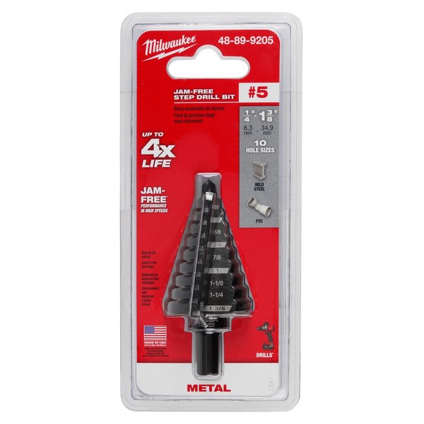 Step Drill Bit, 10 Hole Sizes, 1/4 in to 1-3/8 in 1/8 in Step Increments, Fractional Inch