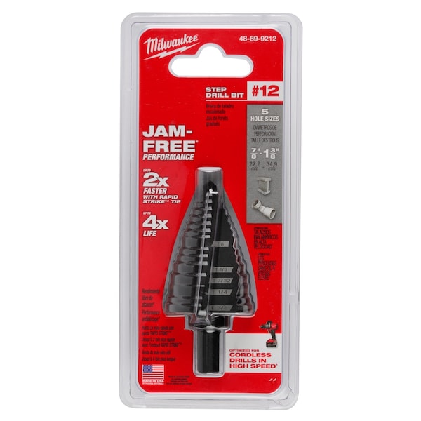 Step Drill Bit, 5 Hole Sizes, 7/8 in to 1-3/8 in, 3/16 Step Increments, High Speed Steel, Hex Shank