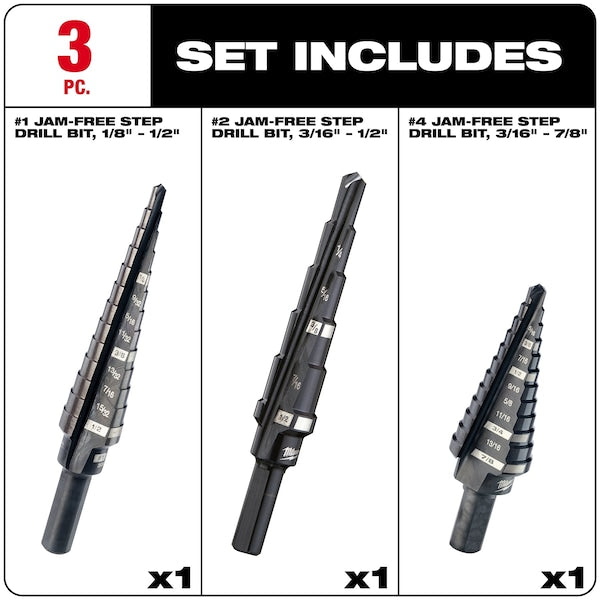 Step Drill Bit Set, High Speed Steel, Black Oxide, 3-Piece