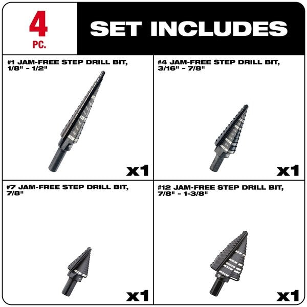 Step Drill Bit Set, High Speed Steel, Black Oxide, 4-Piece