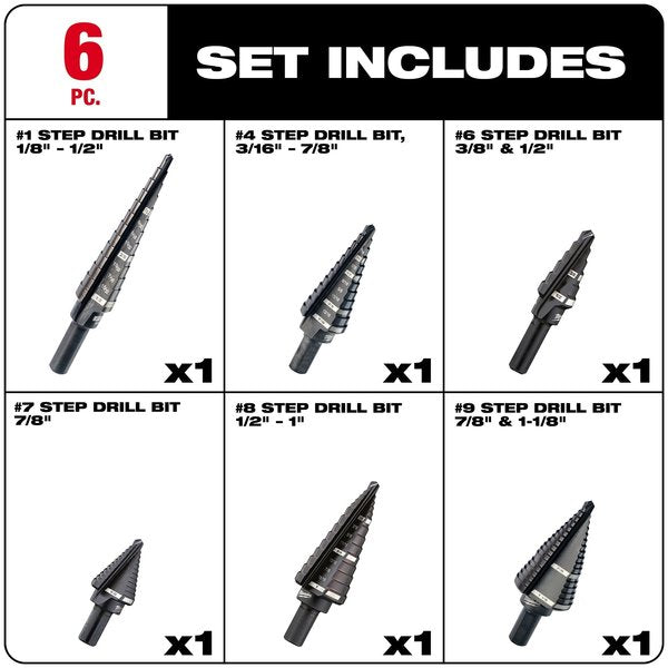 Step Drill Bit Set, High Speed Steel, Black Oxide, 6-Piece