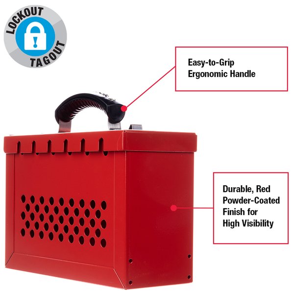 Lockout Tagout Portable Group Lock Box, Steel, Hinged, 12 Padlocks, 6 in x 9.25 in x 3.75 in, Red