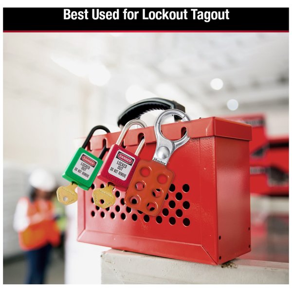 Lockout Tagout Portable Group Lock Box, Steel, Hinged, 12 Padlocks, 6 in x 9.25 in x 3.75 in, Red
