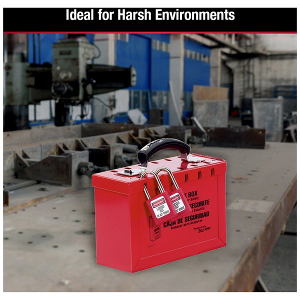 Lockout Tagout Portable Group Lock Box, Steel, Hinged, 12 Padlocks, 6 in x 9.25 in x 3.75 in, Red