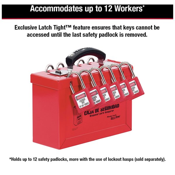 Lockout Tagout Portable Group Lock Box, Steel, Hinged, 12 Padlocks, 6 in x 9.25 in x 3.75 in, Red