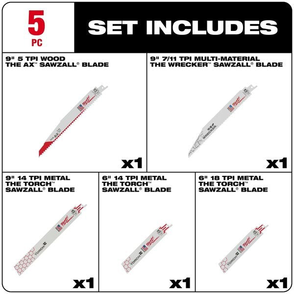 5 pc. SAWZALL Demolition Reciprocating Saw Blade Set