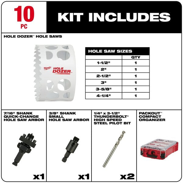 HOLE DOZER Bi-Metal Hole Saw Kit w/PACKOUT Compact Organizer - 10PC