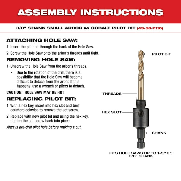 3/8 in. Shank Small Threaded Arbor with Cobalt Pilot Bit for 11/16 in. - 1-1/8 in. HOLE DOZER with Carbide Teeth Hole Saws