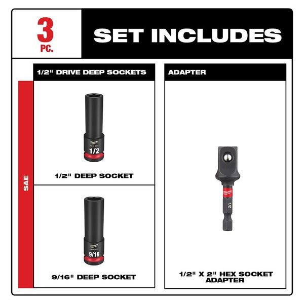 3 pc. SHOCKWAVE Impact Duty 1/2 in. Drive SAE Deep Well 6 Point Socket Set