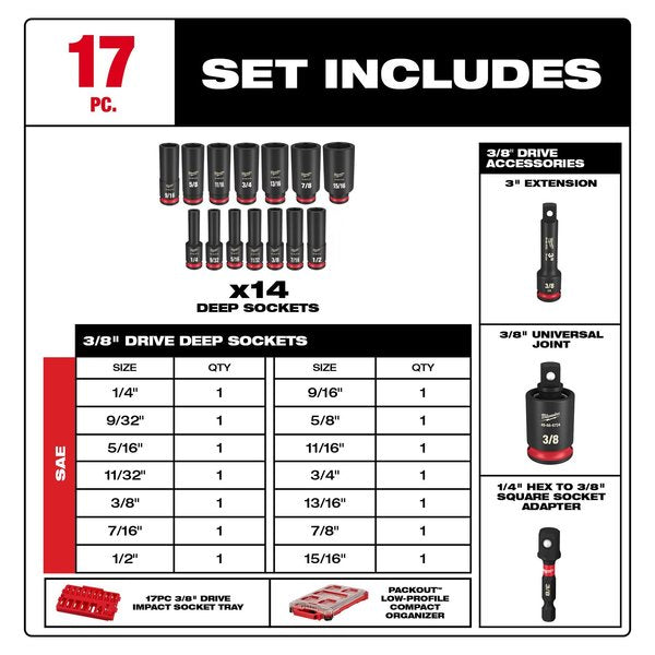 17 pc. SHOCKWAVE Impact Duty 3/8 in. Drive SAE Deep Well Socket Set with PACKOUT Low-Profile Compact Organizer
