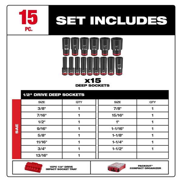 15 pc. SHOCKWAVE Impact Duty 1/2 in. Drive SAE Deep Well Socket Set with PACKOUT Comapct Organizer
