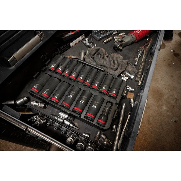 16 pc. SHOCKWAVE Impact Duty 1/2 in. Drive Metric Deep Well Socket Set with PACKOUT Compact Organizer