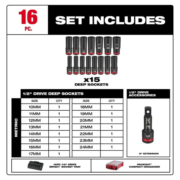 16 pc. SHOCKWAVE Impact Duty 1/2 in. Drive Metric Deep Well Socket Set with PACKOUT Compact Organizer