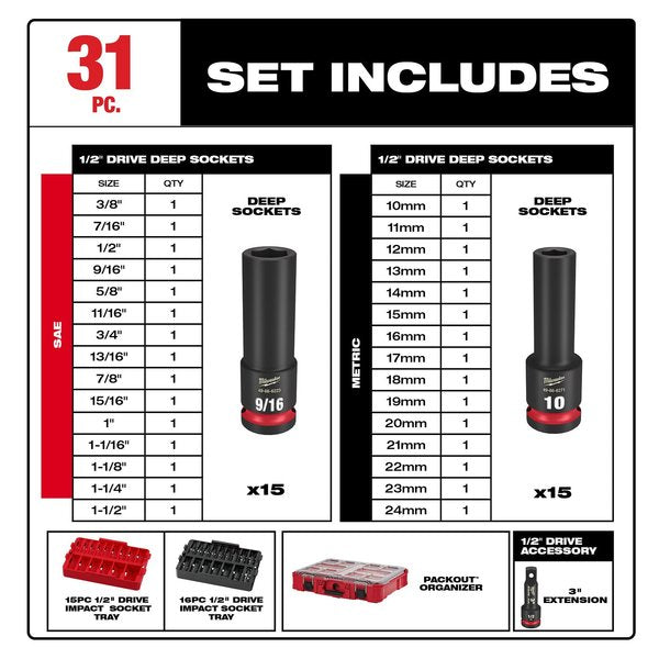 31 pc. SHOCKWAVE Impact Duty 1/2 in. Drive SAE and Metric Deep Well Socket Set with PACKOUT Organizer