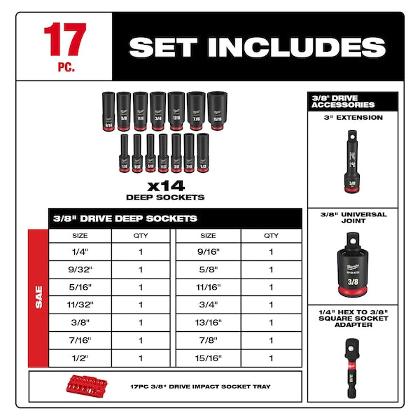 17 pc. SHOCKWAVE Impact Duty 3/8 in. Drive SAE Deep Well Socket Set with PACKOUT Low-Profile Organizer Tray