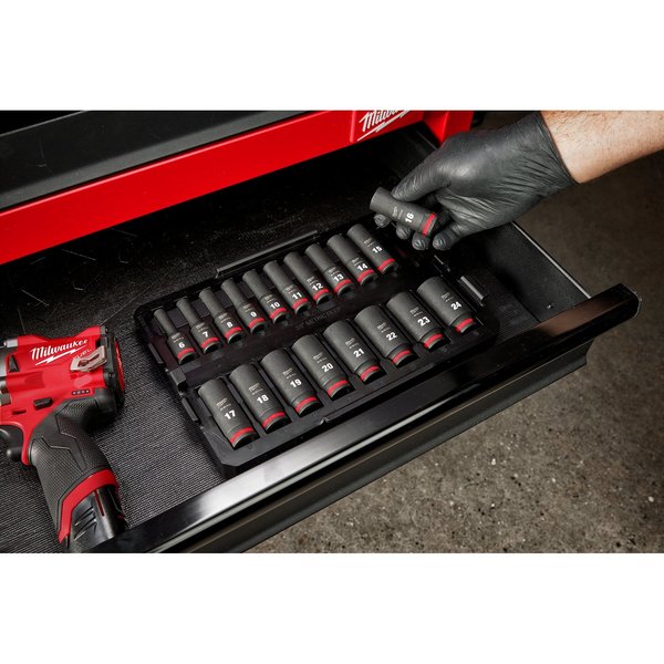 19 pc. SHOCKWAVE Impact Duty 3/8 in. Drive Metric Deep Well Socket Set with PACKOUT Low-Profile Organizer Tray