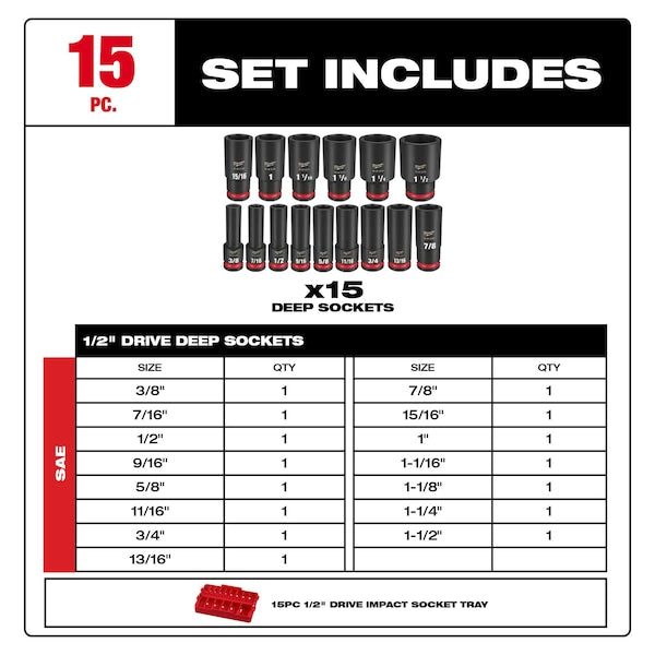 15 pc. SHOCKWAVE Impact Duty 1/2 in. Drive SAE Deep Well Socket Set with PACKOUT Organizer Tray