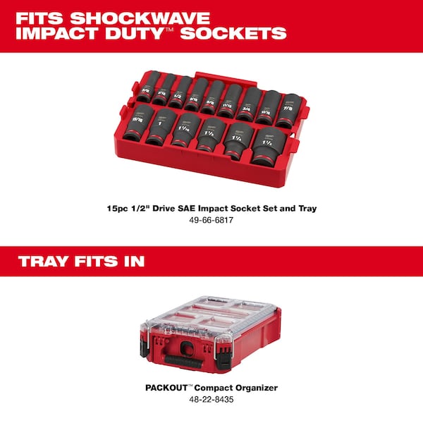 15 pc. SHOCKWAVE Impact Duty 1/2 in. Drive SAE Deep Well Socket Set with PACKOUT Organizer Tray