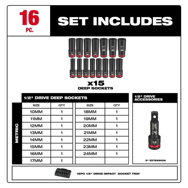 16 pc. SHOCKWAVE Impact Duty 1/2 in. Drive Metric Deep Well Socket Set with PACKOUT Organizer Tray