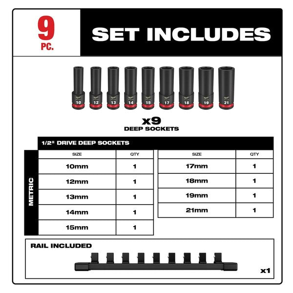 9 pc. SHOCKWAVE Impact Duty 1/2 in. Drive Metric Deep Well 6 Point Socket Set