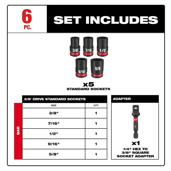 6 pc. SHOCKWAVE Impact Duty 3/8 in. Drive SAE Standard 6 Point Socket Set