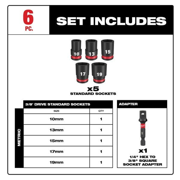 6 pc. SHOCKWAVE Impact Duty 3/8 in. Drive Metric Standard 6 Point Socket Set
