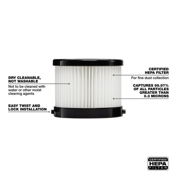 Cartridge Filter, Fits Milwaukee 0882-20/M18 Vacuum Models, HEPA, 2 Pack