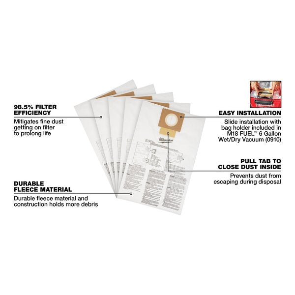 Fleece Dust Bags for M18 FUEL 6 Gallon Wet/Dry Shop Vacuum (5 pk)